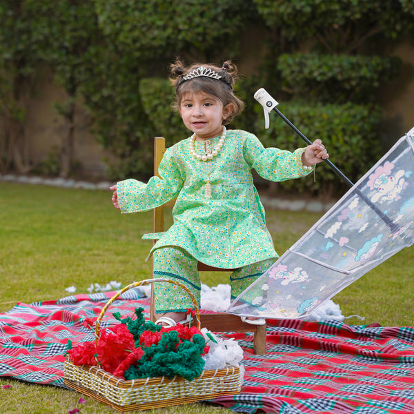 Girls Green Printed Kurta Pant Set