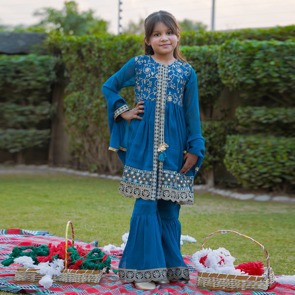 Girls Teal Blue Embroidered Sharara Set