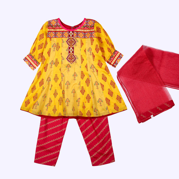Girls Fancy Suit Yellow Top & Red Bottom - Chand Tara